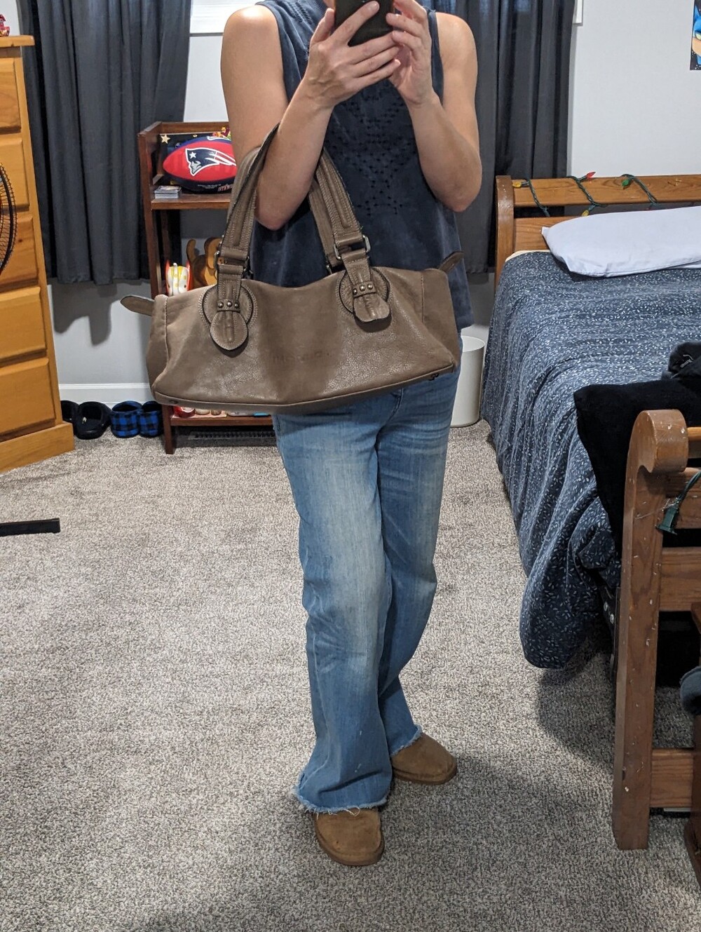 Dimoni Y2K Pebble Leather Stud Detail EW Butter Soft Satchel Shoulder Bag Taupe - Picture 16 of 17